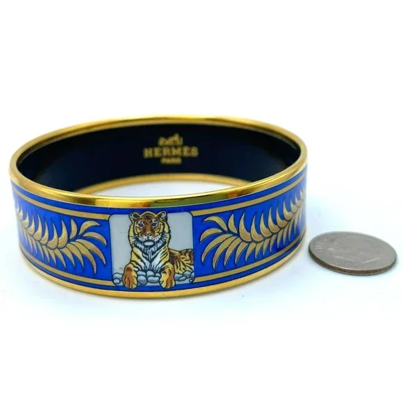 Hermes Tiger Bangle Bracelet Cloisonne Enamel Blue Gold Vintage Size 65 RARE! - Picture 9 of 9